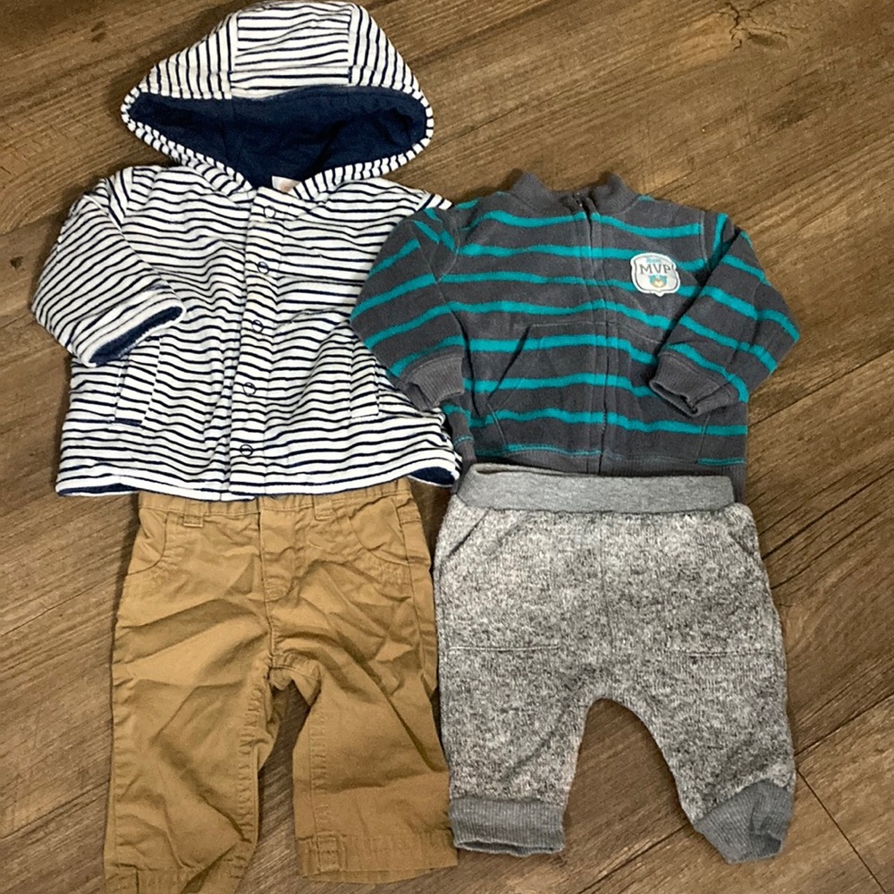 Boy bundle of clothes outfits puffy hoodie and khakis zip up fleece knit joggers